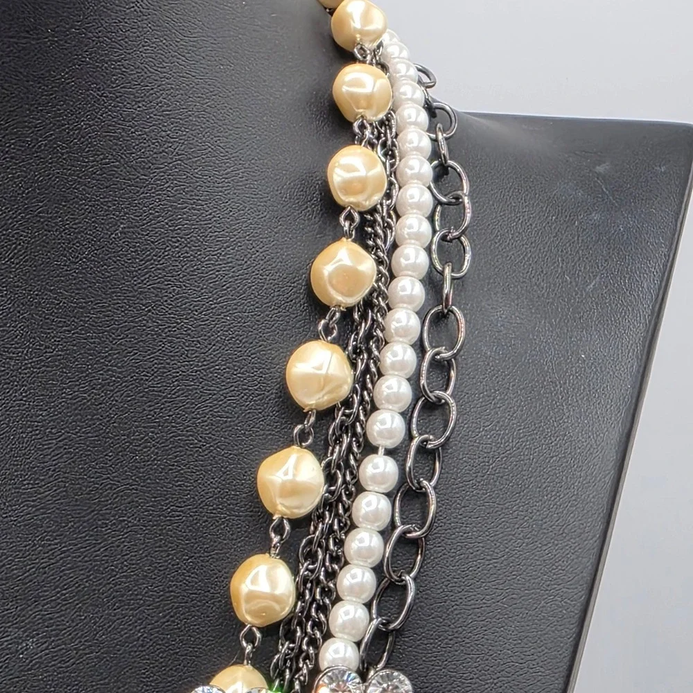 Express Gunmetal Faux Pearl Rhinestone Floral Multi Strand Statement Necklace‎